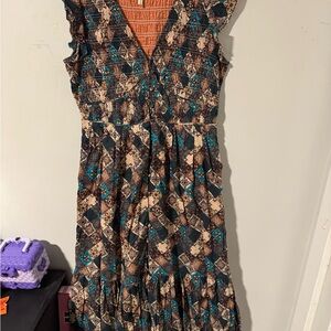 Anthropologie Blue and Brown Patterned Maxi Dress